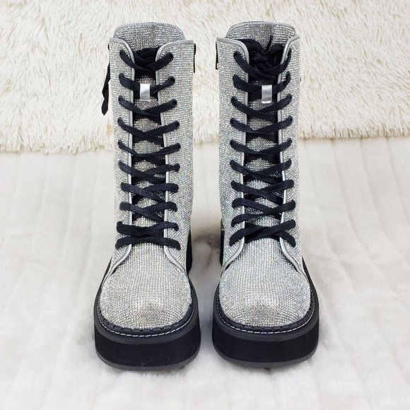 Super Sparkle Iridescent Rhinestone Platform Combat Mid Calf Boots 362 Emily - Picture 14 of 17